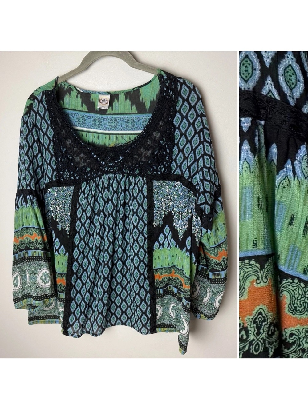 Bila Boho Top Size Large Crochet Lace Paisley Ikat Print 3/4 Sleeves Flowy Boho